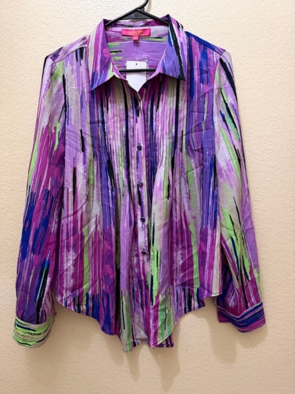 Catherine Malandrino Purple, Pink & Green Abstract Stripe Button-Up Top